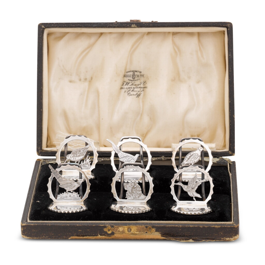 View full screen - View 1 of Lot 38. A cased set of parcel-gilt silver hunting menu holders, Alfred Wilcox, Chester, 1933.