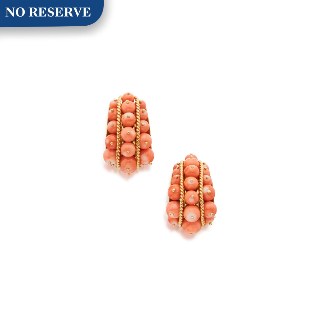 View full screen - View 1 of Lot 186. Pair of Coral and Gold Earclips.