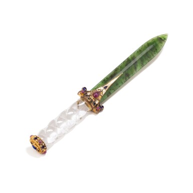 View full screen - View 1 of Lot 330. A nephrite, enamel, gold and cabochon letter opener, in the Russian style, probably East-Europe, circa 1900 Coupe-papier en néphrite, émail, or et cabochons, dans le style russe, probablement Europe de l'est, vers 1900.