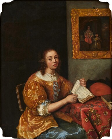 View full screen - View 1 of Lot 67. A seated lady in yellow holding sheet music, a lute resting on the table beside her | Sitzende Dame in Gelb mit Partitur und einer Laute .