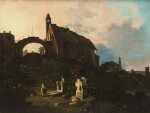 A capriccio view of a town, a pyramid in the distance and figures on a path in the foreground