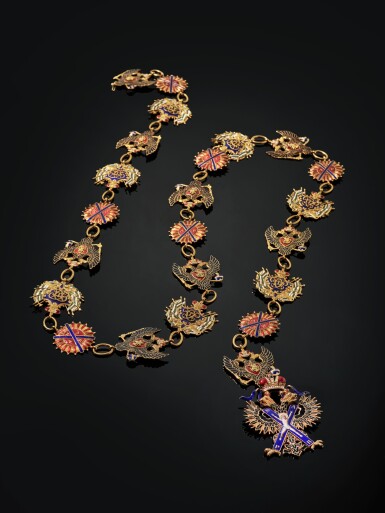 View full screen - View 1 of Lot 43. A magnificent and rare gold and enamel collar of the Order of St Andrew the First Called, the collar Pannasch, St Petersburg, 1836; the badge Keibel, St Petersburg, 1862.