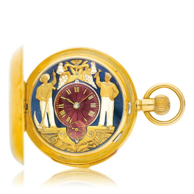 View full screen - View 1 of Lot 8166. A yellow gold minute repeater hunting case watch with automaton, Circa 1890 | 黃金三問獵殼懷錶,備活動人偶,約1890年製.