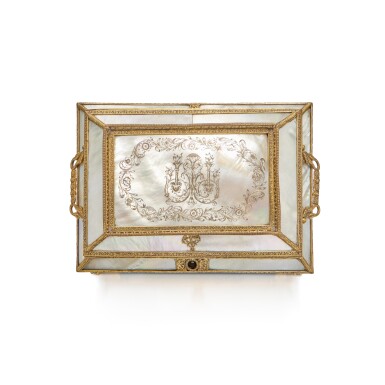 View full screen - View 1 of Lot 79. A Mother-of-Pearl Musical Sewing Necessaire with Gilt-Metal Mounts, Probably Palais Royal, Paris, Early 19th Century .