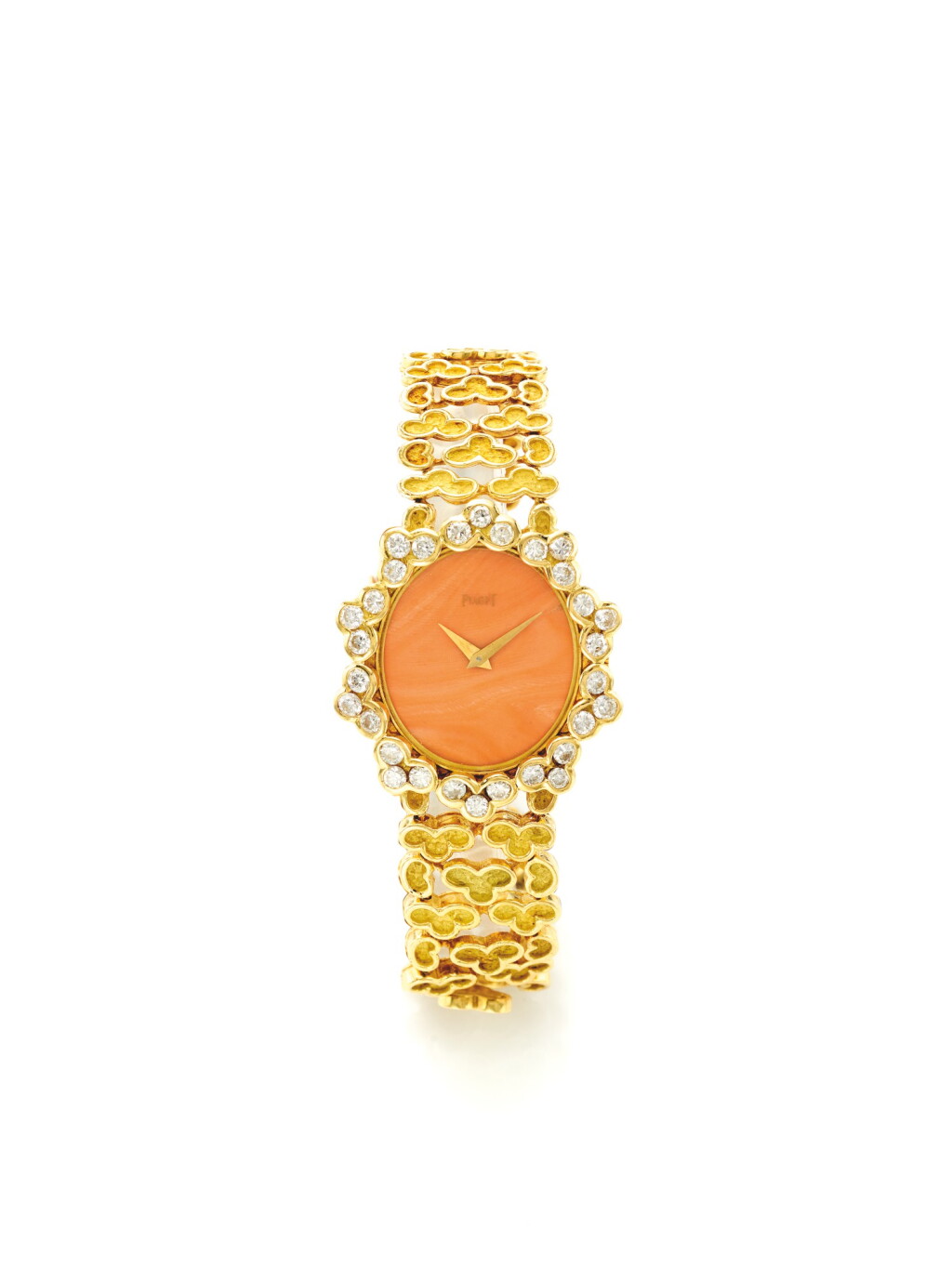 View full screen - View 1 of Lot 170. Lot 170 PIAGET | A YELLOW GOLD AND DIAMOND SET BRACELET WATCH WITH CORAL DIAL CIRCA 1975.