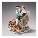 A RARE MEISSEN 'COMMEDIA DELL'ARTE' GROUP OF 'THE INDISCREET HARLEQUIN' CIRCA 1740