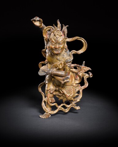 View full screen - View 1 of Lot 106. A gilt-red lacquer bronze figure of Kuixing, Dali Kingdom, 12th century.