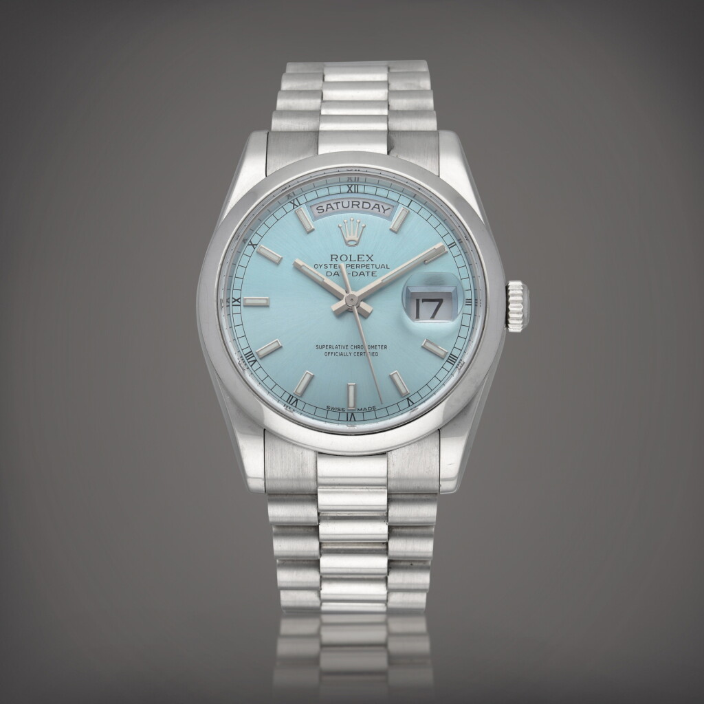 View full screen - View 1 of Lot 32. Day-Date, Reference 118206 A platinum wristwatch with day, date, bracelet and additional dial Circa 2000 | 勞力士 | Day-Date 型號 118206 鉑金鍊帶腕錶備星期及日期顯示,配後補錶盤,製作年份約 2000.