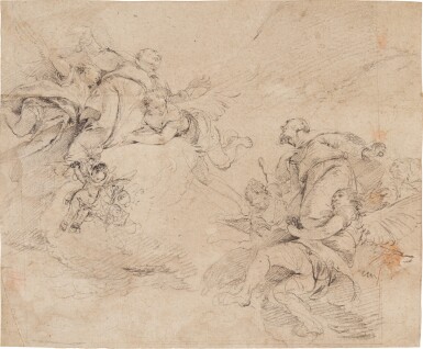 View full screen - View 1 of Lot 70. Figures and winged putti in the clouds; study for a frescoed ceiling.