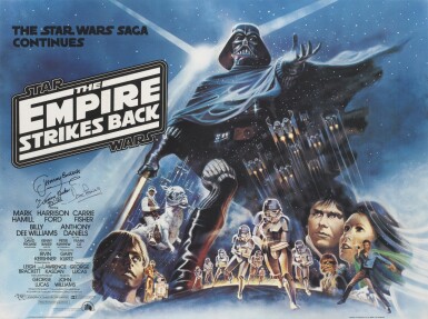 View full screen - View 1 of Lot 48. The Empire Strikes Back (1980), style B poster (white lettering), British, signed by Dave Prowse, Jeremy Bulloch and Kenny Baker.