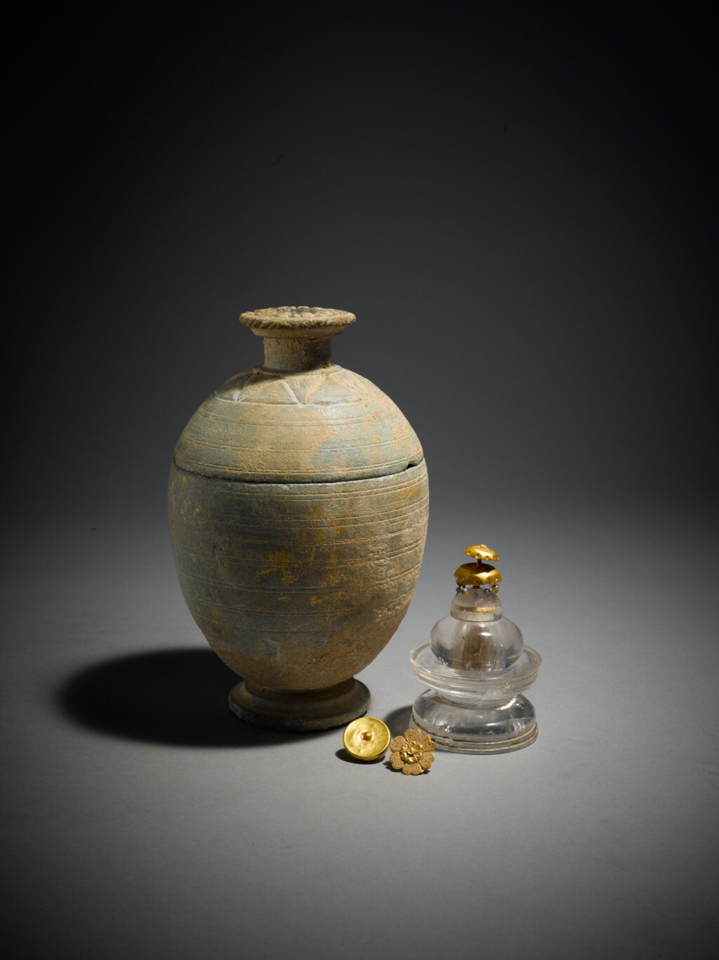 View full screen - View 1 of Lot 353. A Stupa with Relics and Casket, Rock Crystal, Gold, Pearls, and Schist, Ancient Region of Gandhara, Kushan Period, 1st/2nd Century, Probably North-West Pakistan or Afghanistan.