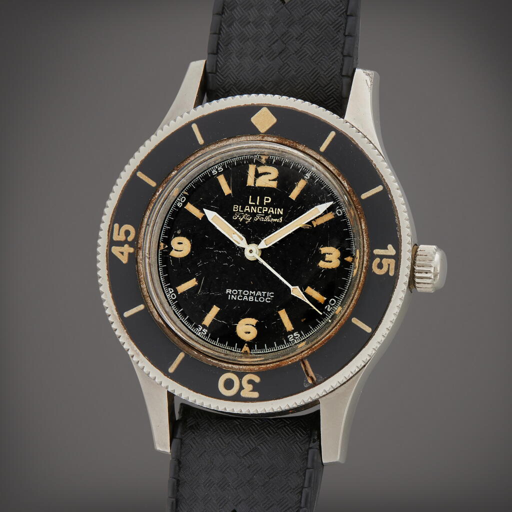 View full screen - View 1 of Lot 60. Fifty Fathoms | Retailed by LIP: A stainless steel automatic wristwatch, Circa 1955.