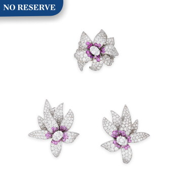 View full screen - View 1 of Lot 168. Demi-parure saphirs roses et diamants | Pink sapphire and diamond demi-parure.