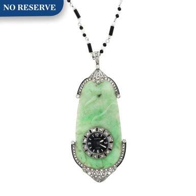 View full screen - View 1 of Lot 239. RETAILED BY GHISO: A JADE, PLATINUM, DIAMOND, AND ENAMEL PENDANT WATCH, CIRCA 1925.