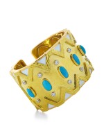 DAVID WEBB | GOLD, TURQUOISE, DIAMOND AND ENAMEL 'RICKRACK' CUFF-BRACELET