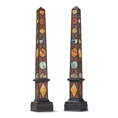 View full screen - View 1 of Lot 347. A PAIR OF NEOCLASSICAL SPECIMEN MARBLE, PORPHYRY, AND EBONIZED OBELISKS DESIGNED BY RENZO MONGIARDINO.
