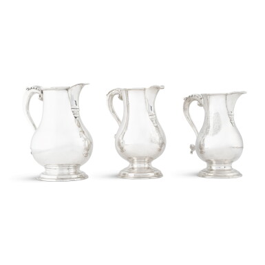 View full screen - View 1 of Lot 46. Three George II/III silver beer jugs, London, 1746, 1749 and 1775.