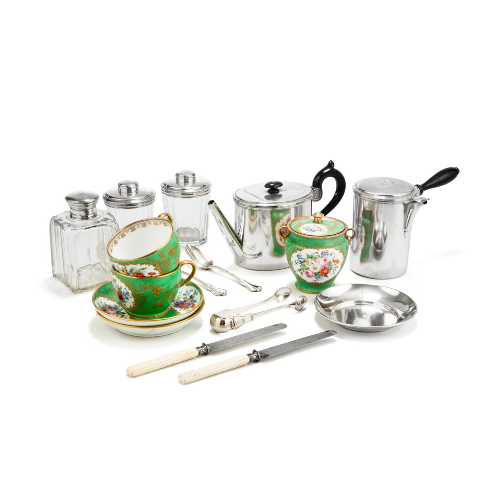View full screen - View 1 of Lot 898. A silver and Sèvres porcelain tea set engraved MC for Marie-Caroline, Duchess of Berry, the silver, Aucoc, Paris, circa 1840 | Nécessaire à thé en argent et porcelain de sèvres au chiffre MC pour Marie-Caroline, duchesse de Berry, les parties en argent par Aucoc, Paris, vers 1840.