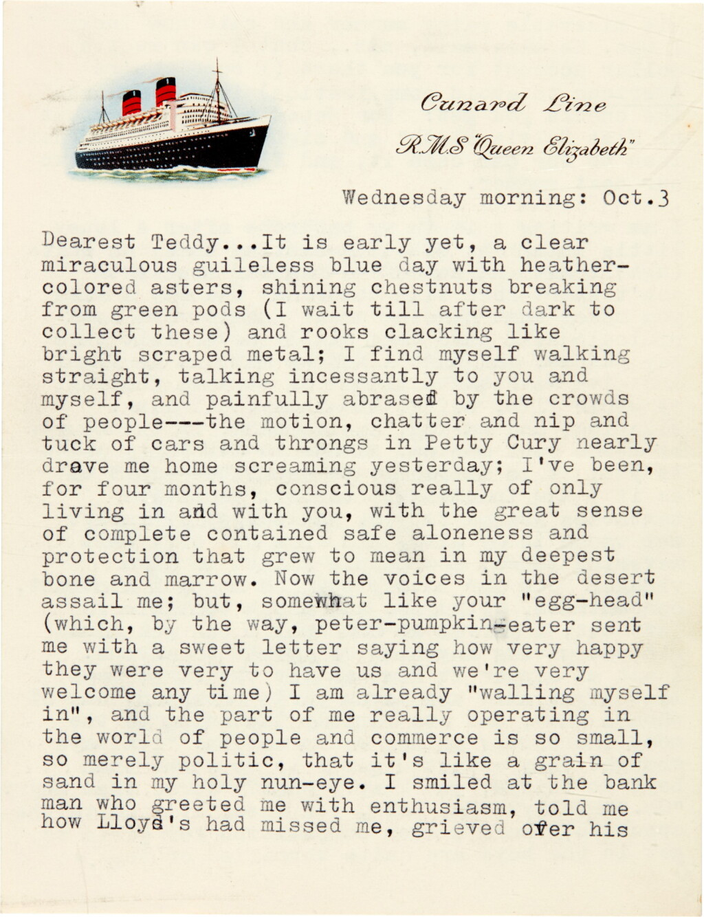 View full screen - View 1 of Lot 7. Sylvia Plath | Typed letter signed, to Ted Hughes, on her love for him and Cambridge life, 3 October 1956.