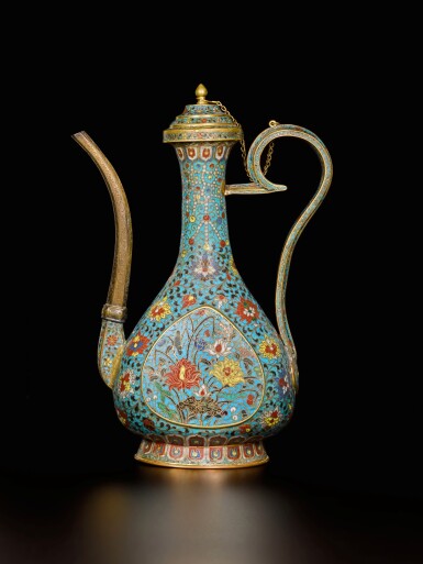 View full screen - View 1 of Lot 78. A rare cloisonné enamel pear-shaped ewer and cover, Ming dynasty, Jiajing period | 明嘉靖 掐絲琺瑯蓮塘紋執壺連蓋 《景泰年製》仿款.
