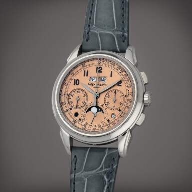 View full screen - View 1 of Lot 37. Reference 5270P-001 | A platinum perpetual calendar chronograph wristwatch with moon phases, day/night and leap year indication | Circa 2021.