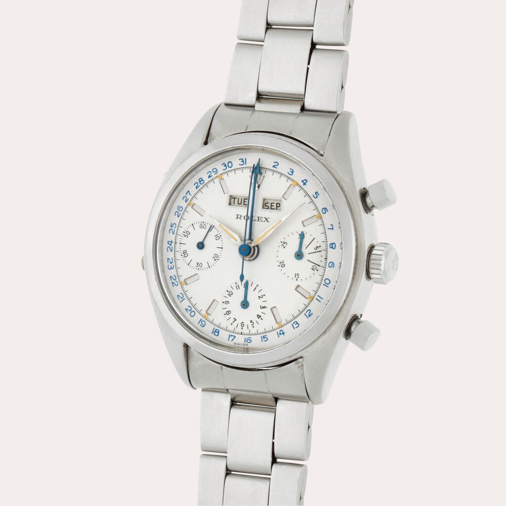 View full screen - View 1 of Lot 83. Killy Dato-Compax, Reference 6036 | A stainless steel triple calendar chronograph wristwatch with bracelet | Circa 1954.