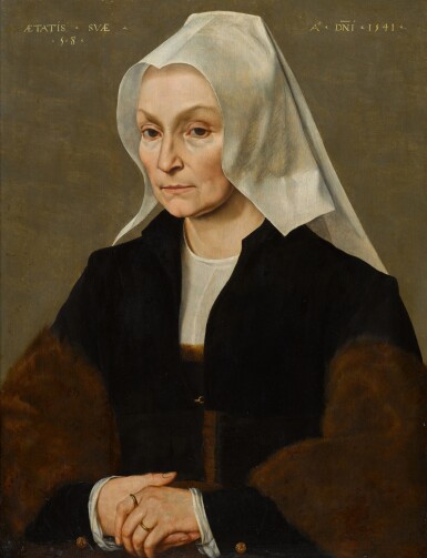 View full screen - View 1 of Lot 122. Portrait of a lady, half-length, wearing a black coat and fur wrap, with a white headdress.