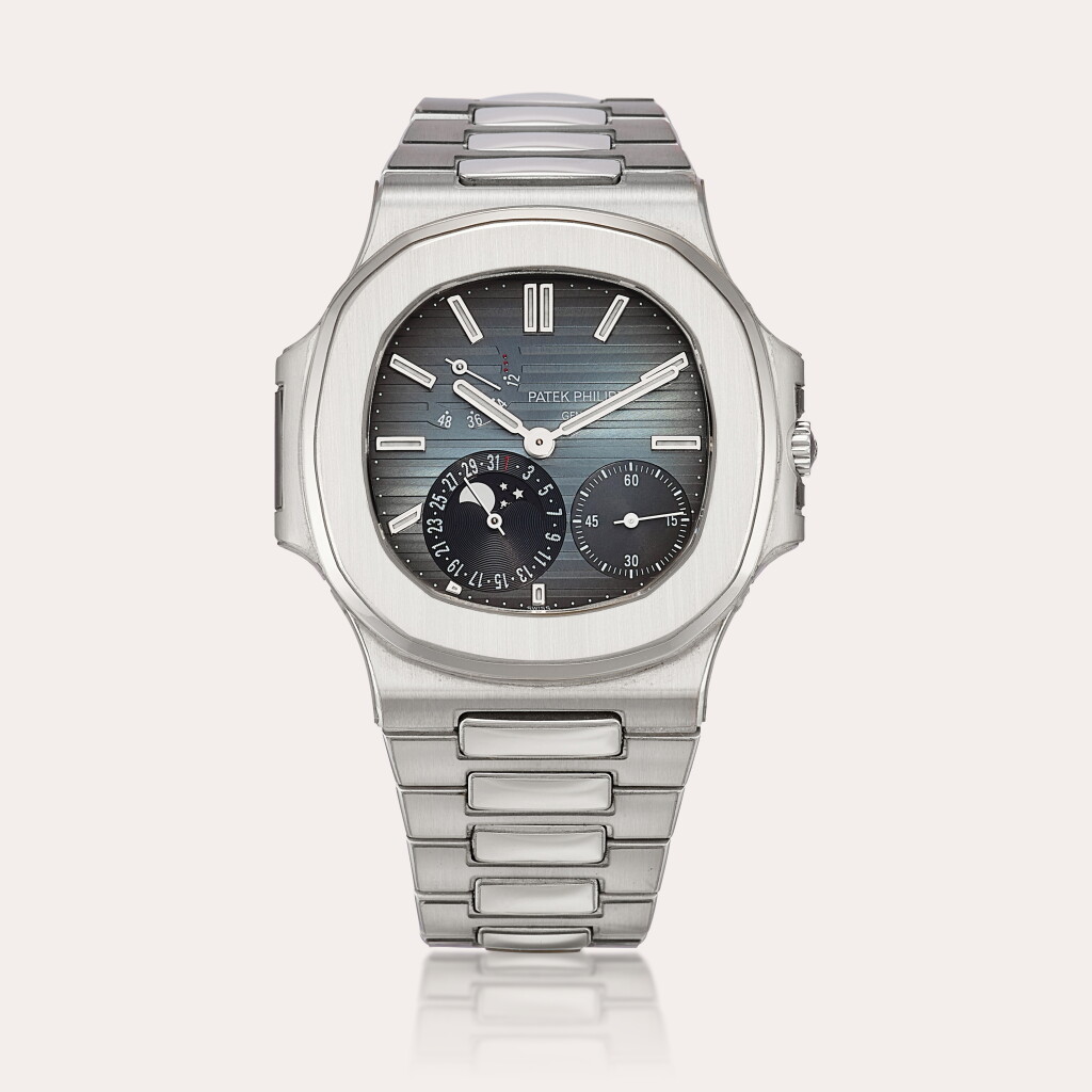 View full screen - View 1 of Lot 2165. Nautilus ‘3 Dots’, Reference 3712 | A stainless steel bracelet watch with date, moon phases and power reserve indication, Circa 2006.