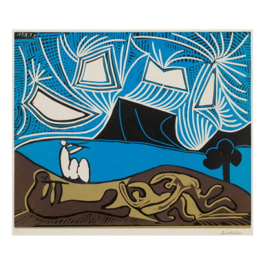 View full screen - View 1 of Lot 45. PABLO PICASSO | COUPLE ET FLÛTISTES AU BORD D'UN LAC (BACCHANALE) (BLOCH 930; BAER 1259).