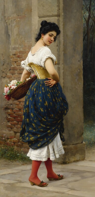 View full screen - View 1 of Lot 780. Eugen von Blaas | A MAIDEN WITH A BASKET OF ROSES.