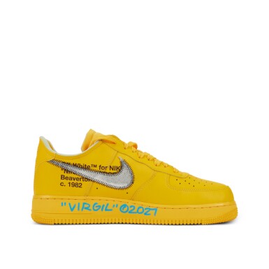 View full screen - View 1 of Lot 1. Virgil Abloh Signed Nike Air Force 1 Low OFF-WHITE University Gold Metallic Silver | Size 10.5.