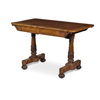 View full screen - View 1 of Lot 220. A Regency Gilt-Tooled Brown Leather Lined Rosewood Library Table, Circa 1815-20.