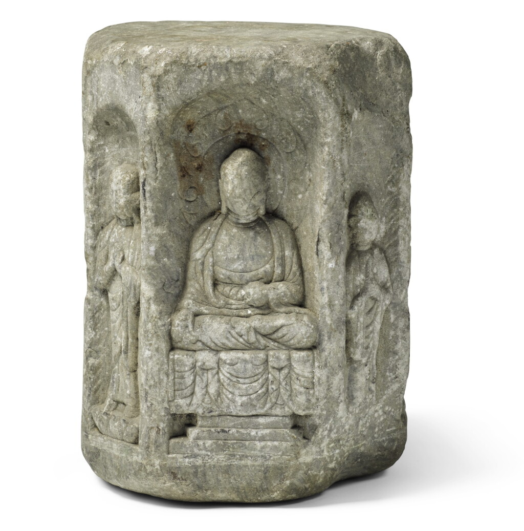View full screen - View 1 of Lot 248. A RARE GREY LIMESTONE VOTIVE STELE TANG DYNASTY | 唐 石灰岩雕釋迦牟尼佛經幢台.