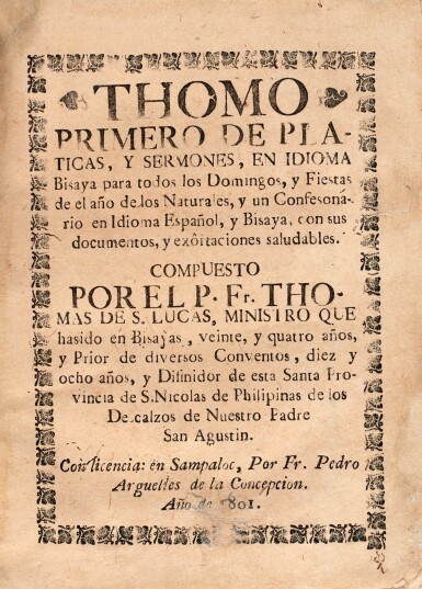View full screen - View 1 of Lot 311. Philippines printing--San Lucas | Platicas y senmones. Sampaloc, 1798-1801.