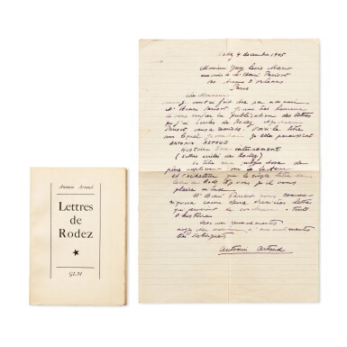 View full screen - View 1 of Lot 12. Lettres de Rodez. GLM, 1946. Un des 25 exemplaires pour les collaborateurs. Avec une lettre autographe d'Artaud à l'éditeur de ces lettres..