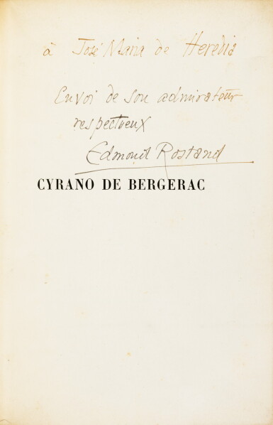 View full screen - View 1 of Lot 165. Cyrano de Bergerac. Paris,1898. In-8. Demi-maroquin vert. Edition originale avec EAS à Heredia..