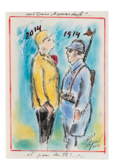 View full screen - View 1 of Lot 165. Satirical sketch depicting Angela Merkel and François Hollande ‘Und Deine Mannschaft?... et pour les 3% ?...’, 2014.