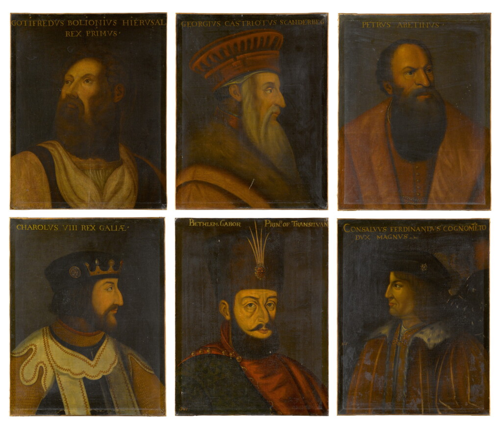 View full screen - View 1 of Lot 140. A set of 6 historical portraits comprising: Godfrey of Bouillon (1060–1100); George Castriot, known as Skanderberg (1405–1468); Gonzalo Ferdández de Córdoba (1453–1515); Charles VIII, King of France (1470–1498); Pietro Aretino (1492–1556); Gabriel Bethlen (1580–1629).