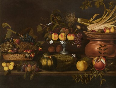 View full screen - View 1 of Lot 74. Still life of grapes in a basket, peaches in a silver tazza and celery stalks atop a copper pot, assembled on a table among other fruit and vegetables.