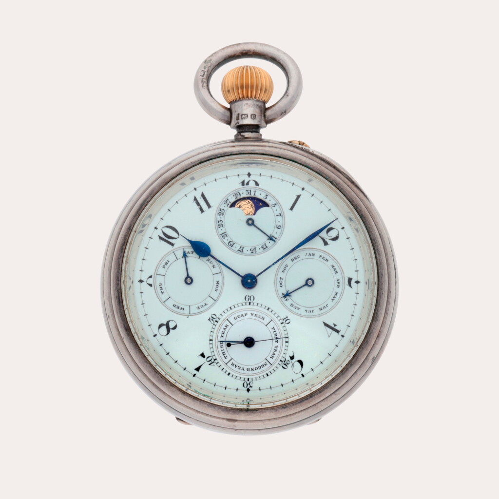 全螢幕檢視 - 查看225A silver open-faced perpetual calendar keyless lever watch with moon phases and leap year indication | Circa 1903的1