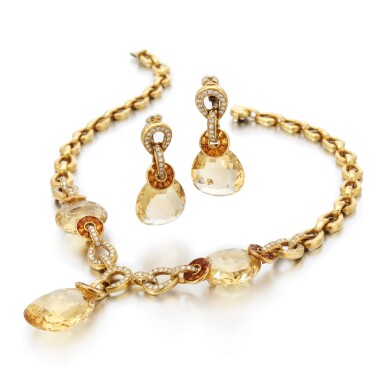 View full screen - View 1 of Lot 212. Citrine, topaz and diamond demi-parure (Demi-parure in citrini, topazi e diamanti).