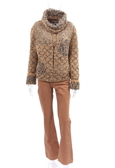 View full screen - View 1 of Lot 166. WOOL-BLEND TWIN-SET WITH NECK WARMER, A PAIR OF JEANS AND A TRENCH COAT, CHANEL.