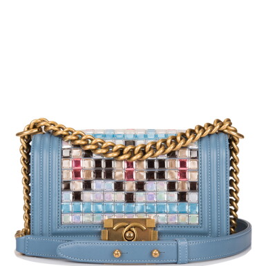 View full screen - View 1 of Lot 80. Chanel Bleu Metiérs d'Art Mosaic Embroidered Small Boy Bag of Lambskin Leather with Antiqued Gold Tone Hardware.