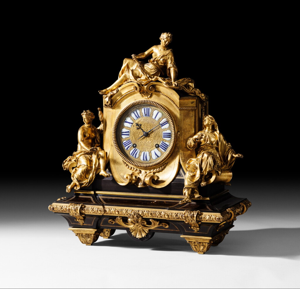 View full screen - View 1 of Lot 18. A Louis XIV style gilt-bronze mounted tortoiseshell and ebony mantel clock, second half 19th century, after the model by André-Charles Boulle | Pendule aux Parques en bronze doré, placage d’ébène et écaille de style Louis XIV, seconde moitié du XIXe, d'après un modèle d'André-Charles Boulle.