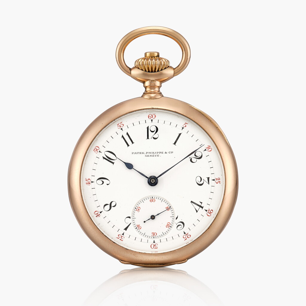 View full screen - View 1 of Lot 139. A pink gold open face keyless two-train trip minute repeating watch with enamel dial | Made in 1898.