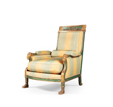 View full screen - View 1 of Lot 80. A Consulat parcel-gilt and green painted armchair called "Fauteuil de Talma", early 19th century | Rare bergère, dite "fauteuil de Talma" en bois laqué vert à l'antique et rechampi or d'époque Consulat.