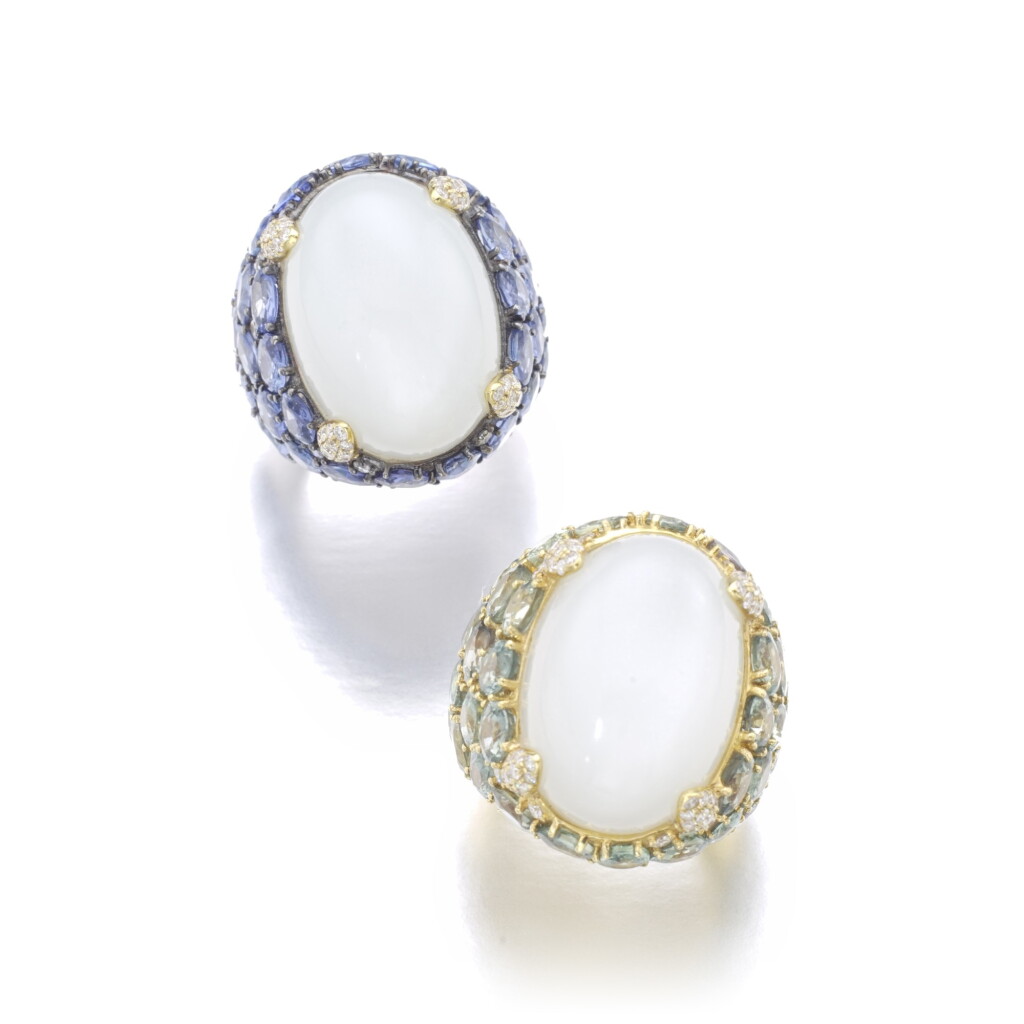 View full screen - View 1 of Lot 151. PAIR OF MOONSTONE AND SAPPHIRE RINGS.