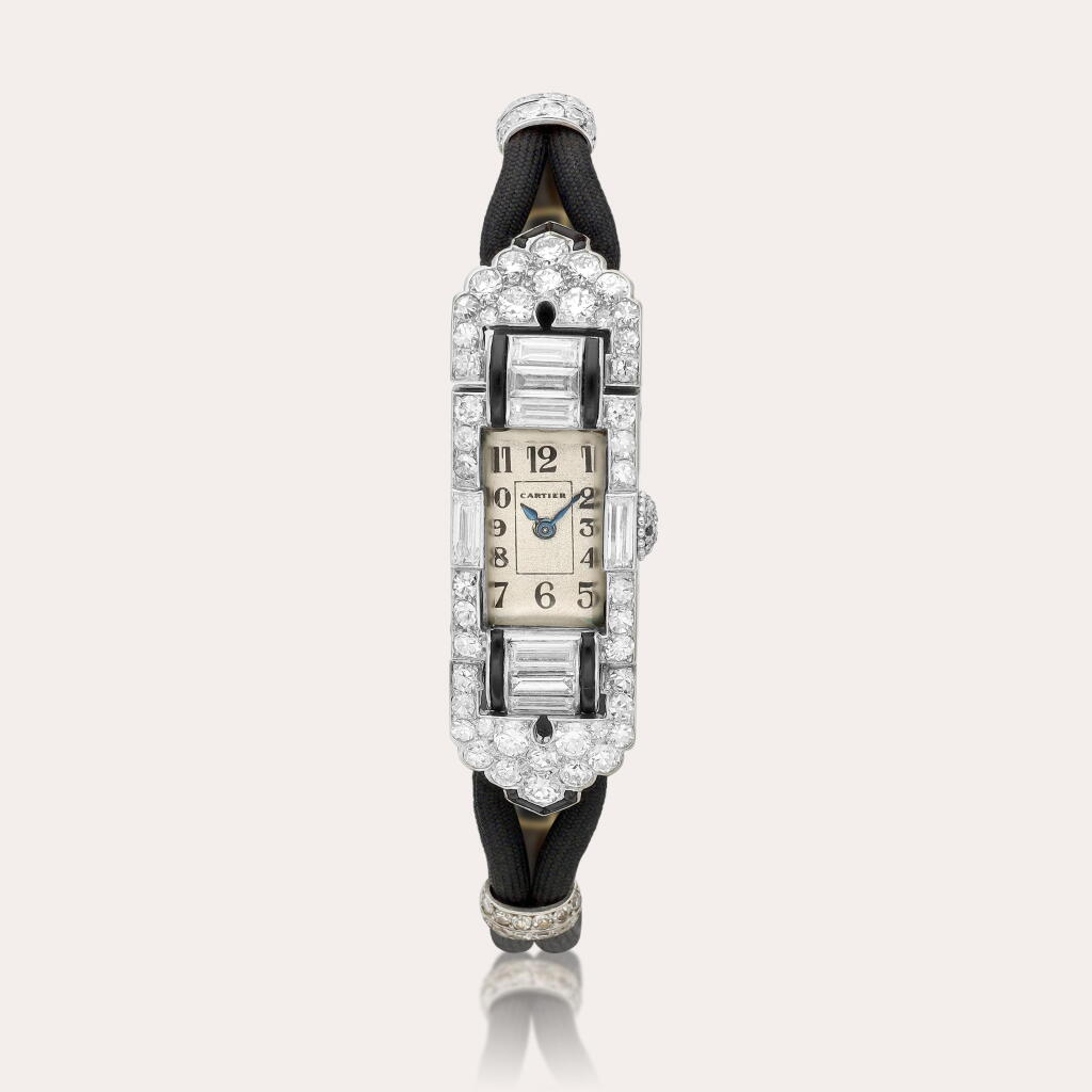 View full screen - View 1 of Lot 2238. A platinum, diamond and enamel wristwatch, movement number 18153, with London Stock number ·1634, Circa 1931.