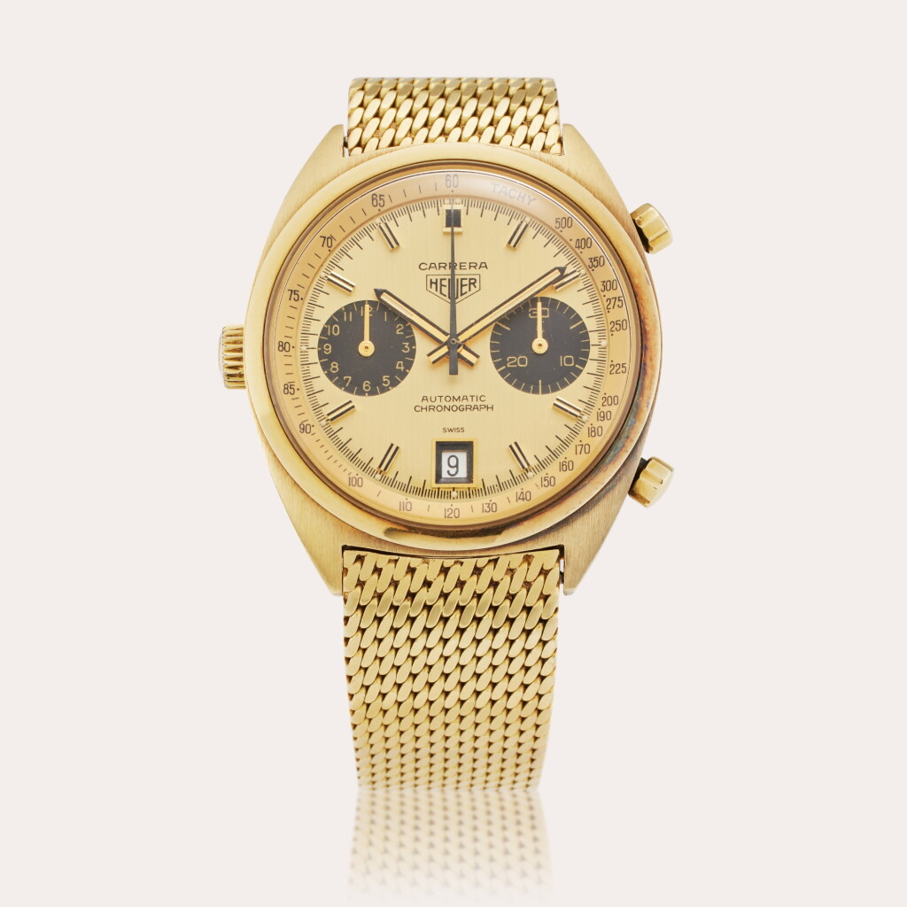 View full screen - View 1 of Lot 127. Reference 1158 CHN Carrera | A yellow gold automatic chronograph wristwatch with date and bracelet, Circa 1970.