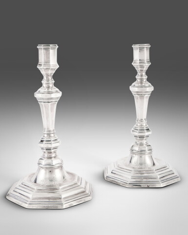 View full screen - View 1 of Lot 521. A Pair of Louis XIV Silver Octagonal Candlesticks, Nicolas Grebeude, Paris, 1706.